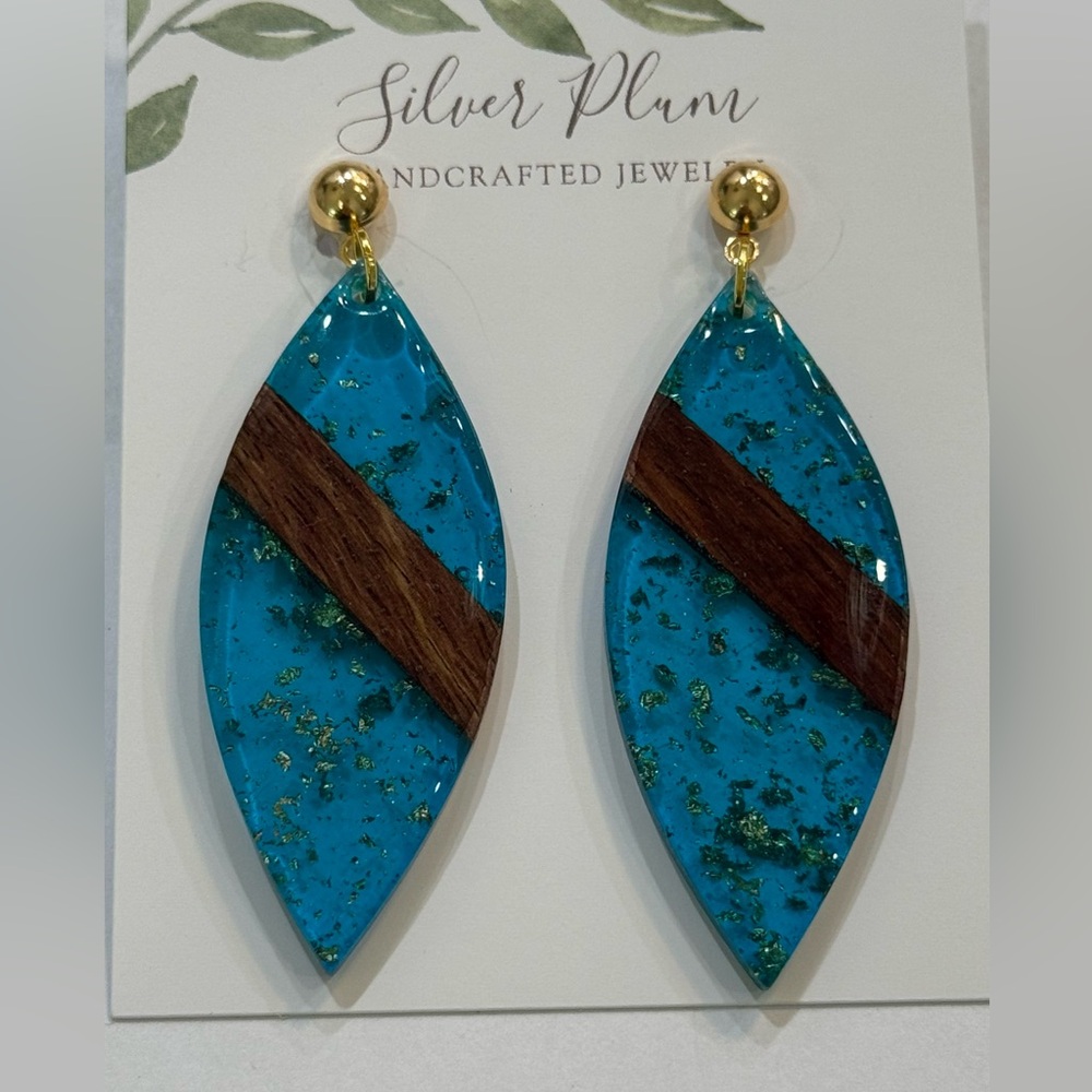 Silver Plum  Blue and Gold Marquise Earrings